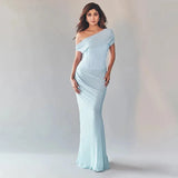 Blue Satin Corset Chiffon Off-shoulder Maxi Dress-Outfit