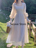 Summer Chiffon Fairy Midi Dress Women Casual Long Sleeve French Vintage Dress Party Female Elegant One Piece Dress