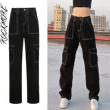 Rockmore Brown Vintage Baggy Jeans Women 90s Streetwear Pockets Wide Leg Cargo Pants Low Waist Straight Denim Trousers