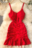 New Sexy V-neck Spaghetti Strap Sleeveless Mini Bodycon Dress Summer Women Slim Waist Drawstring Ruched Ruffles Party