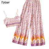 Boho Vintage Pattern Print Women 2 Piece Set Spring 2023 Midriff Baring Wide Leg Pant Retro Chic Beach Vacation Women