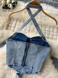 Denim Fashion Summer Women Sets 2022 Retro Zipper Halter Tops+ Button Slim Long Flare Pants High Street Two Piece