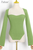 2023 New Autumn Sexy Stylish Sqaure Collar Full Sleeves Knitting Pullover Sexy Slim T-shirt Female Top