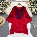 Embroidary Bohemian Women Dress Flare Sleeves Solid Retro O Neck 2022 Fashion Loose Ladies Midi