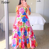 Women's Rainbow Long Dress Fashion Sexy Off Shoulder A-line Printed Maxi Dresses Boho Retro Party Evening Vestidos