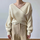 Party Sannian Autumn Women Sweater Simple V-neck Crossover Design Sense Versatile Loose Casual Solid Color Knit Sweater Ladies