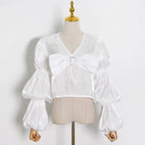 Vintage Solid Shirt For Women V Neck Lantern Sleeve Fold Pleated Slimming Shirts Female 2022 Spring Clothing