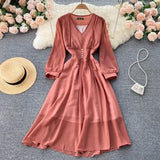 Autumn Vintage V-Neck Chiffon Dress Women Elegant Puff Long Sleeve High Waist Purple/Green/White Robe Female Casual Vestidos