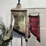Leopard Print Lace Spliced Double-Layer Mesh Shoulder Irregular Loudspeaker Top