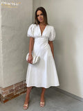 Bodycon V-Neck White Dress Woman Summer Sexy Puff Sleeve Midi Dresses Elegant Slim High Waist Classic Female Dress