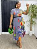 Fashion Set Women's Summer French High-Grade Folding Print Short-Sleeved Top + Loose A Word 100-Fold Long