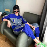 2 Piece Set Women Autumn Winter Loose New Large Size Two-piece Fashion Denim Stitching Sweater Top Pants tracksuit