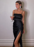 Black Sexy Irregular Strap Ruched Long Party