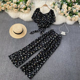 Women Autumn Bohemian Floral Set V Neck Puff Sleeve Short Top+Sexy Split High Waist Wide Leg Long Pants Two Pieces