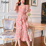 Summer Vintage Ruffle Beach Holiday Midi Dress Ladies Streetwear Elegant Casual Floral Print French Romantic Wrap