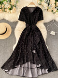 Black/White/Red Polka Dot Irregular Pleated Long Dress Women Vintage V-Neck Short Sleeve Ruffle Vestidos Spring Summer 2021