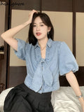 Blouse Women Blusas De Mujer 2023 Chic Short Sleeve Bandage Bow Denim Shirt Y2k Crop Tops Summer Casual Vintage