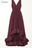 Backless Sleeveless Solid Dresses For Women Deep V Neck High Waist Ruffles Hem Draped Dress Female Summer 2023 Clothing