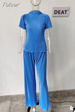 Fashion Women's 2 Pcs Set Pleated New Round Neck Loose Short Sleeve Tops And Highwaist Straight Pants Summer 2023