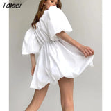 Fashion Casual Short Dresses Women 2022 Lantern Sleeve V-Neck Sexy White Dress Summer Elegant Pleated A-Line Female