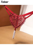 Love Heart Pearl Massuge Lace Thong Low Waist Transparent Sexy Underwear G-String Fashion Women Lingerie Panties Briefs