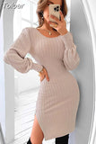 Knitted Dress Women V Neck Sexy Slim Elastic Bodycon Sweater Dress For Winter Long Sleeve Split Backless Lace Warm