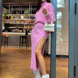 Women Sweater Dress Set 2021 Winter Knitted Two Piece Set Long Sleeve Loose Turtleneck Sweater Top And Split Long
