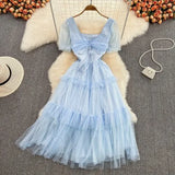 Summer Sweet Women Mesh Ruffle Party Dress Purple/Red/Beige Square Collar Short Sleeve High Waist A-Line Vestidos Female