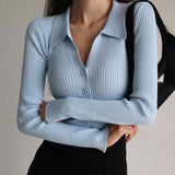 Elegant Lapel Knitted Cardigan Sweater Women V Neck Sexy Long Sleeve Tops Turn Down 2022 Slim Ladies Button Clothes