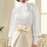 Fashion Women Party Blouse Long Lantern Sleeve Shirt 2022 Autumn Bow Tie Elegant Office Ladies Top Tunic Blusas