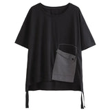 Women Black Big Size Plaid Pocket Button Ribbon T-shirt Round Neck Short Sleeve Fashion Tide Spring Summer 2023