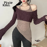 Fashion Y2k Tops Irregular Halter Off Shoulder Long Sleeve Top Grey 2 Piece Set Womens T Shirts Street Clothes
