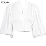 Elegant V Neck White Women Blouse Lantern Sleeve Shirt Top Female Tunic Button Down Chic Casual Wine Red Blouse Ladies