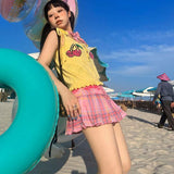 Japanese Y2k Pleated Skirt Women Pink Harajuku Kawaii Low Waist Embroidery A-line Mini Plaid Skirt Sexy Gyaru