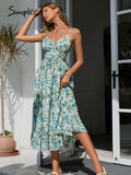 Party Casual spaghetti strap croset print dress summer women V-neck holiday ruffle maxi dresses High-waist lace up beach