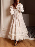 Elegant White Dress For Women Slash Neck Short Sleeve Patchwork Ruffle Trim Lace Panel High Waist Long Dresses Female