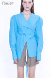 Fashion Women's Irregular Shirt V-neck Cross Bandage Waist Long Sleeve Blue White Yellow Thin Blouse Summer 2023 New