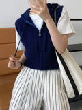 Women's Drawstring Hooded Zipper Up Front Knit Vest Casual Sleeveless Open Front