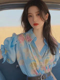Toloer Spring And Summer New Small Shirt French Single Special Top Design Small Smell Blue Printed
