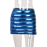 Sisterlinda Shiny Padded Women Y2K Mini Skirts Summer Casual Sliver Zip Elastic Hip Skirts Lady Party Clubwear Streetwear