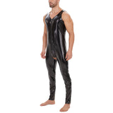 Toloer Plus Size Men's PVC Bright Leather Onesie Sexy Open Gear Slim Onesie Leather Pants Size Accurate-Outfit