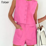 Summer Office 2 Pieces Pink Shorts Sets Elegant O-Neck Button Vest Casual Holiday Outfit High Waist Shorts Women Suits