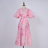 Court Style High Design Feeling Heavy Industry Nail Drill Short Sleeve Single Buckle Dress +