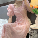 Pure Collor Dresses Summer 2021 Ladies French Vintage Sweet Midi Dress Women Korean Style Evening Party Dress Female