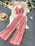 Summer Women Pleated Two Piece Set Sexy Female Criss Cross Twist Strap Tops + High Waist Draped Pants Beach Suits Vacation