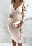 Formal V-Neck Ruffles Ruched Midi Party