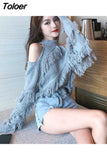 Sexy Lady Sweater Women Hollow Out Off Shoulder Knitted Cropped Pullovers Chic Tassels Jumper Sueter Fall 2023