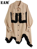 Women Khaki Irregular Ruffles Big Size Dress New Lapel Long Sleeve Loose Fit Fashion Tide Spring Autumn 2023