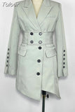Fashion Women's Blazer Notched Collar Double Breasted Long Sleeve Belt Waist Gray Long Suit Jackets Spring 2023 New
