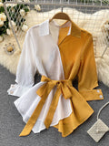 Vintage White Striped Patchwork Irregular Ruffle Blouse Women Spring Autumn Elegant Turn-Down Collar Tops Female Casual